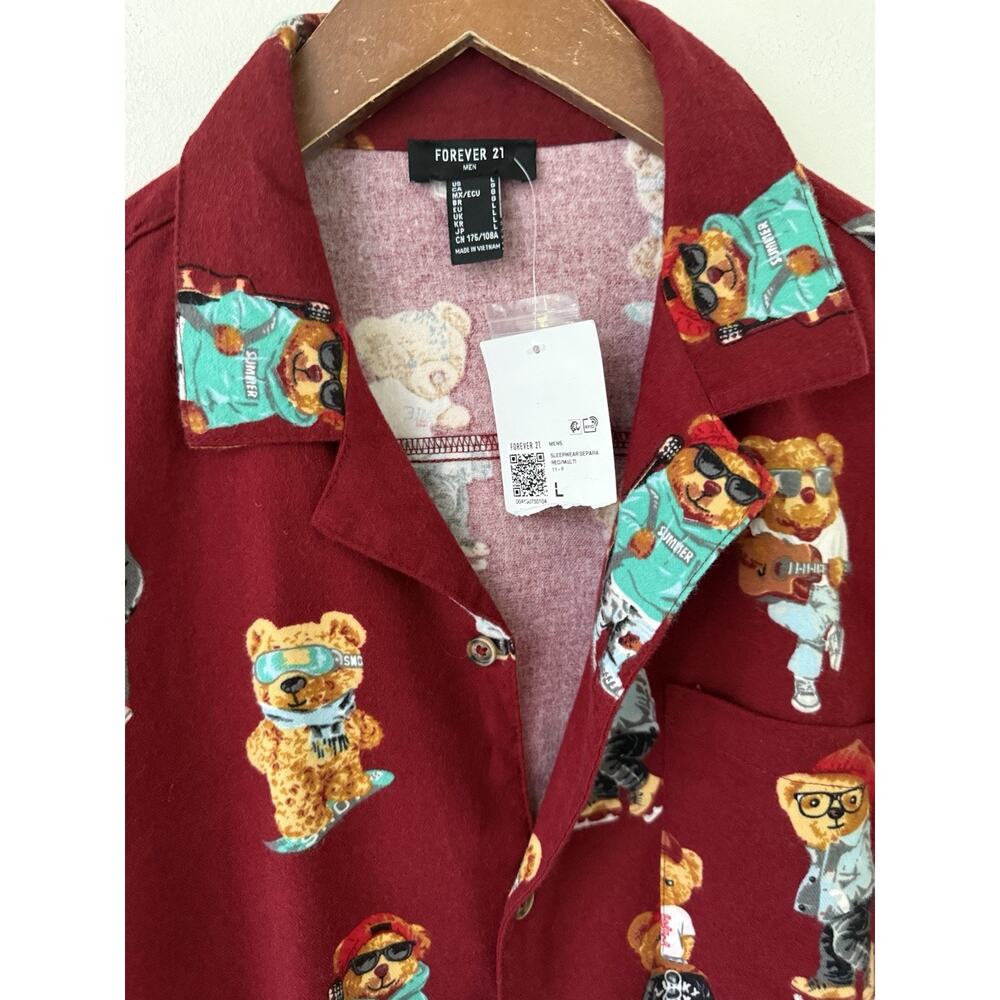 Forever 21 Mens Teddy Bear Print Flannel Lounge Sleep Shirt Pajama Top Large New - Picture 3 of 9